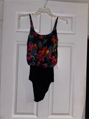 Longitude Black One-Piece Swimsuit with Vibrant Tropical Floral Bodice